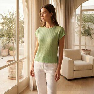 TANJAY PETITE Textured Knit Cap‎ Sleeve Top Lime Green Size PS P